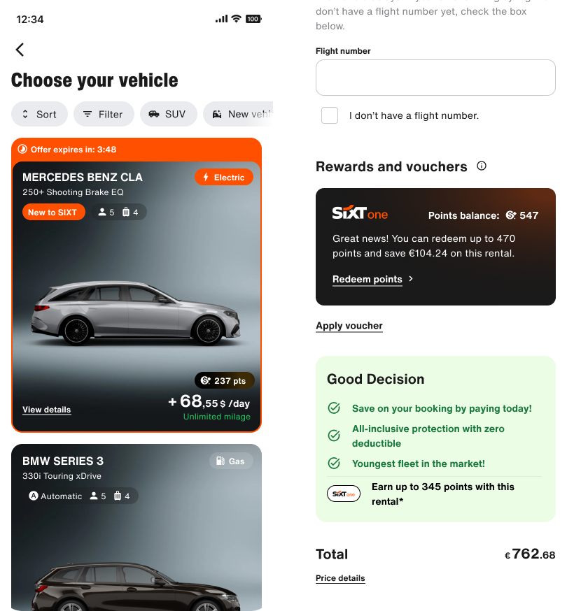 Two mobile screens: a vehicle results list with a 237 points badge on each car, and a checkout page with a rewards card offering to redeem 470 points to save 104 euros, plus a line saying how many points the rental earns